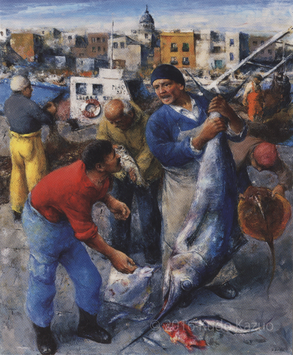 1903NAS003 真作 工藤 和男 「渚の漁師」 6号 創元会会長 額付き